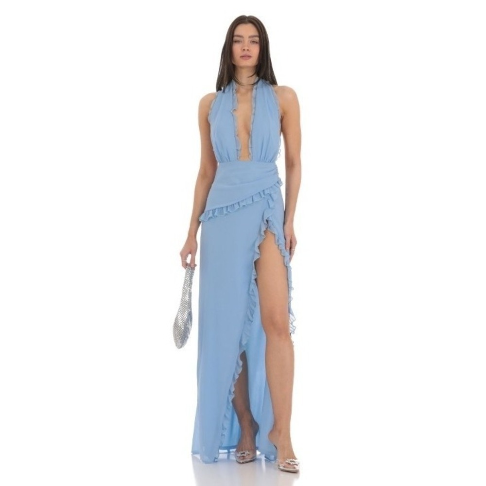Lucy In The Sky Halter Maxi Women Dress M Plunge Neckline Prom Wedding Chiffon